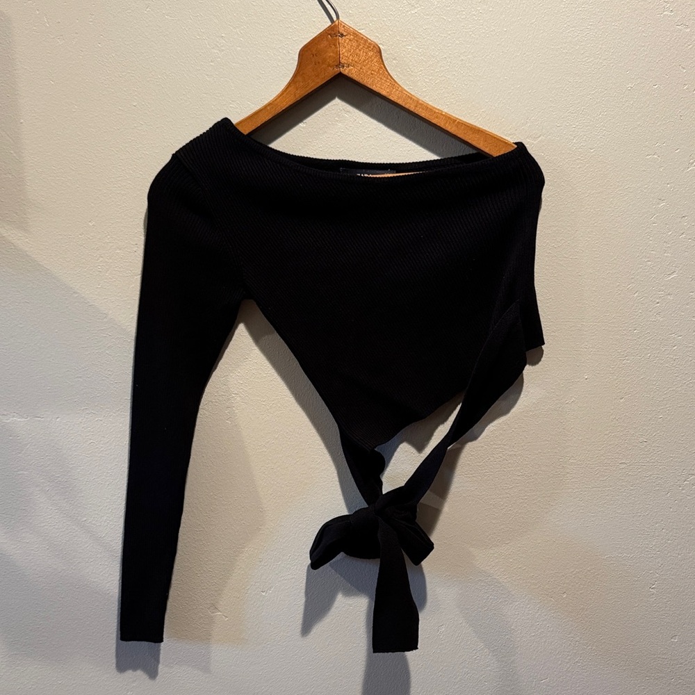 Zara Knit Black One Sleeve Long Sleeve Ribbed Cropped Sweater Top Wrap Waist Tie